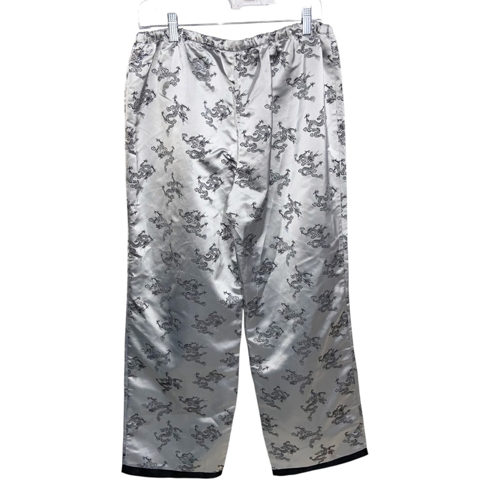 Kenji Pants Womens Large Satin Dragon Asian Oriental Insp. Boho Artsy Silver